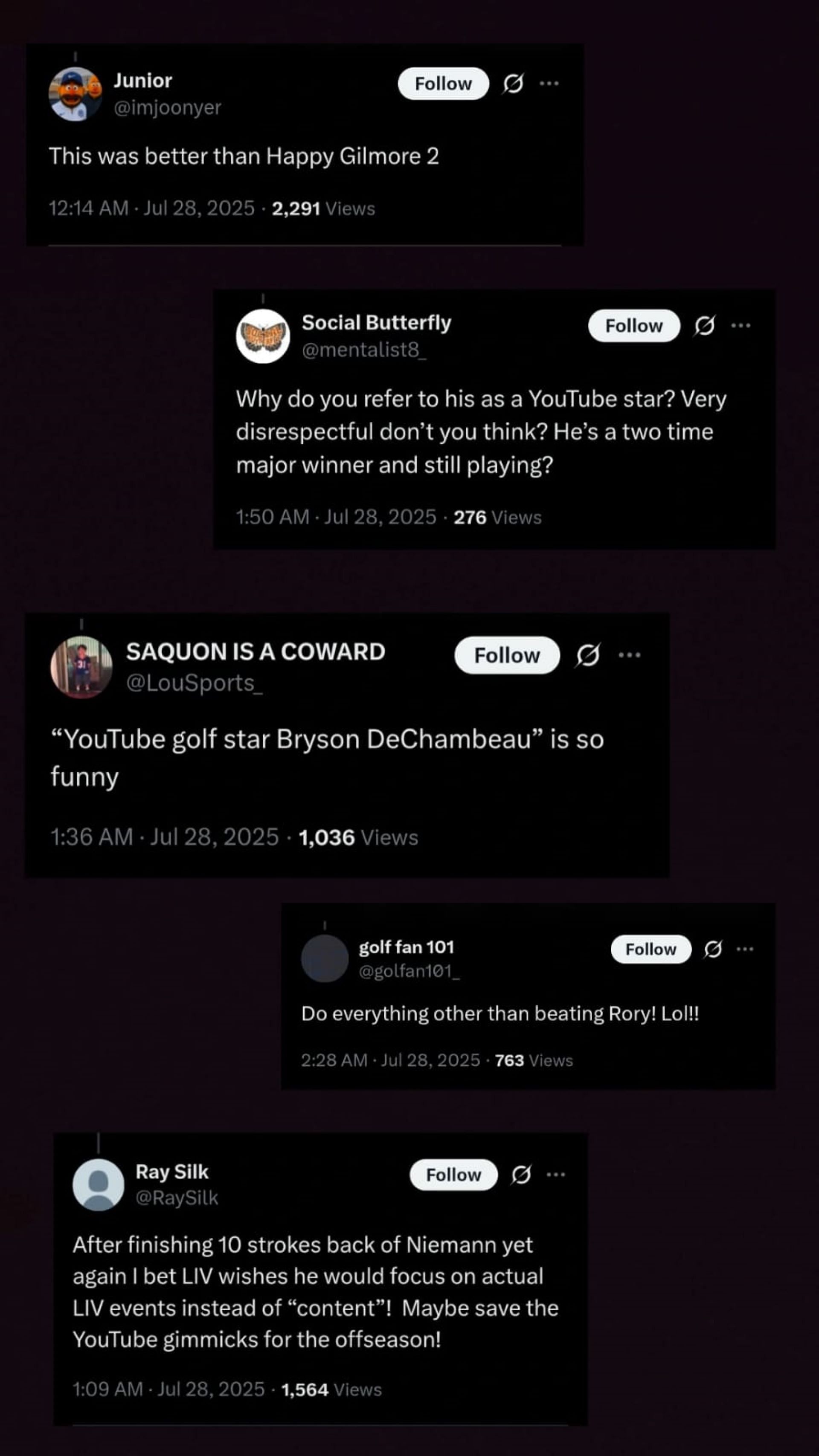 Screenshot of fan reactions under NUCLR Golf's post on Bryson DeChambeau's YouTube video with Adam Sandler